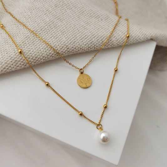 Personalisierte Kette mehrreihig mit 12mm Gravur Plättchen und 10mm Perle in Gold u. Silber, Geschenk für sie, personalisiertes Geschenk