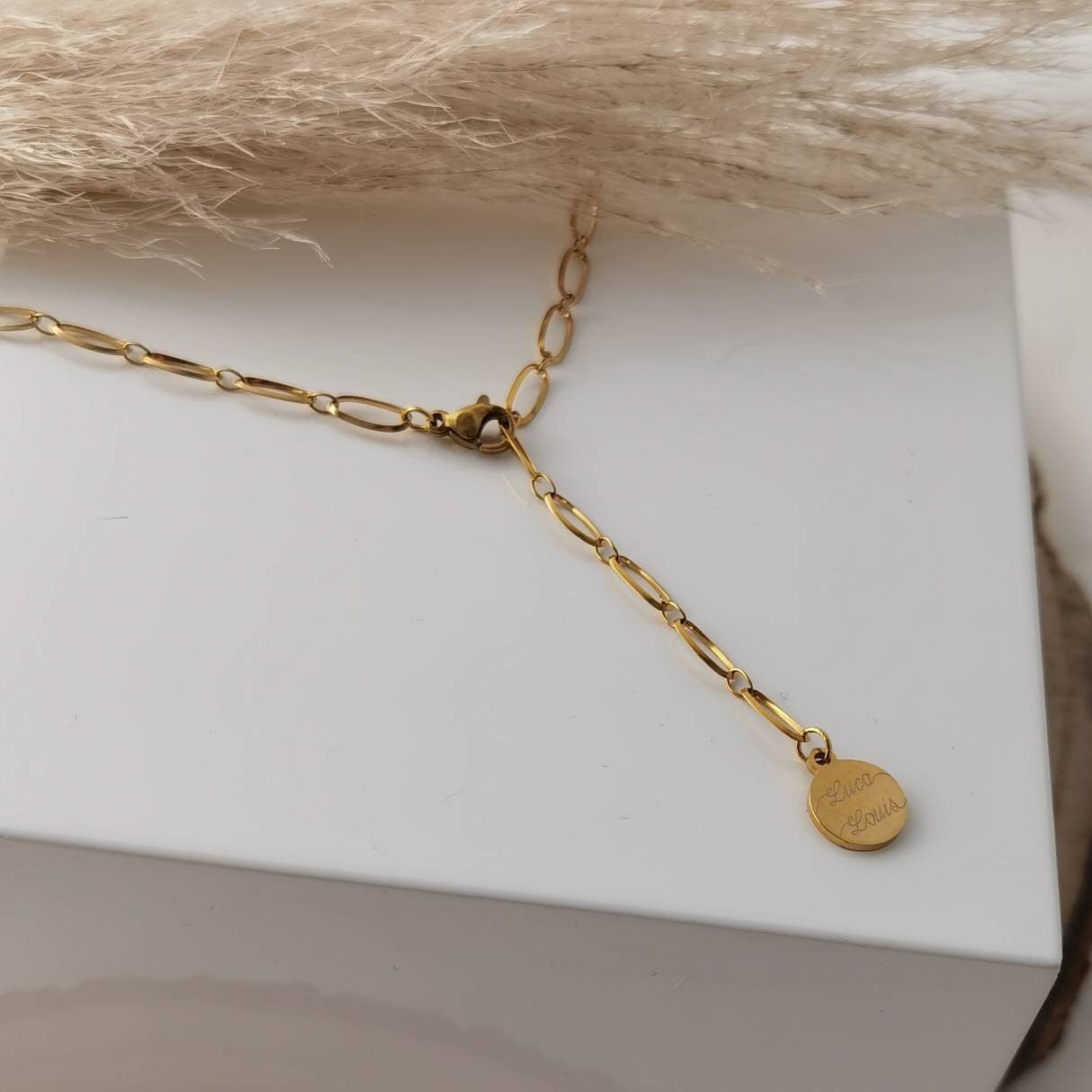 Personalisierte Y-Kette in Gold oder Silber mit 12mm Plättchen Anhänger, Halskette mit Gravur, Geschenk Weihnachten, Frauen, Freundin