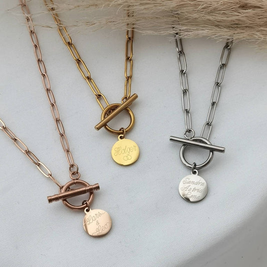 Personalisierte Kette mit Knebelverschluss und 12mm Gravur Plättchen in Gold, Rosé oder Silber aus Edelstahl, personalisiertes Geschenk