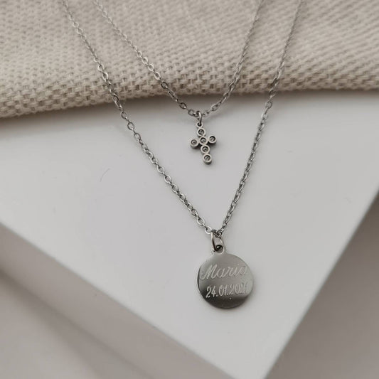Mehrreihige, personalisierte Plättchen Kette mit Zirkonia Kreuz in Gold & Silber aus Edelstahl, personalisiertes Geschenk Taufe