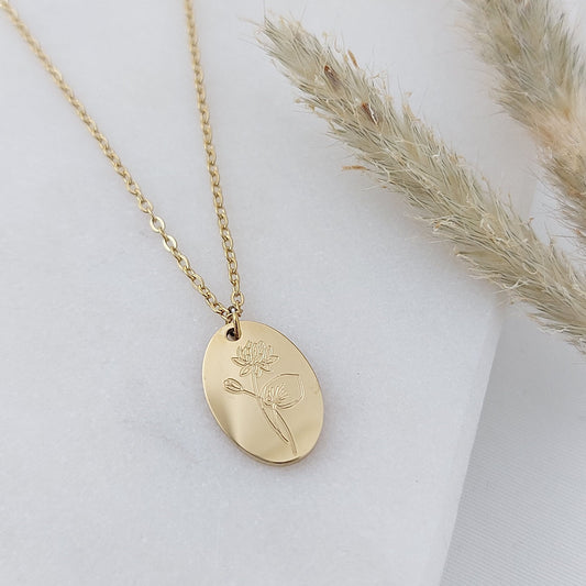 Personalisierte Geburtsblumenkette in Gold,Silber,Rosé mit ovalen 13x9mm Plättchen Anhängern, personalisiertes Geschenk für Frauen, Freundin