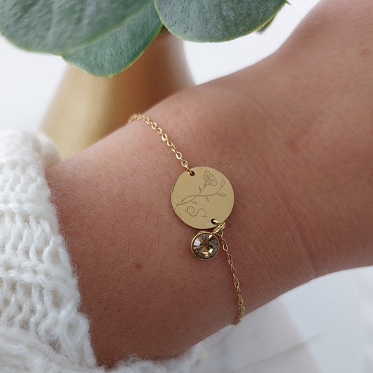 Personalisiertes Geburtsstein Armband in Gold, Silber, Rosé mit 13mm Gravur Plättchen, personalisiertes Geschenk für Mama, Frauen, Freundin