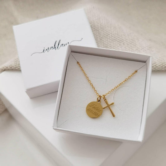 Personalisierte Kreuz Kette mit Gravur Plättchen Anhänger in Gold und Silber aus Edelstahl, personalisiertes Geschenk Taufe, Konfirmation
