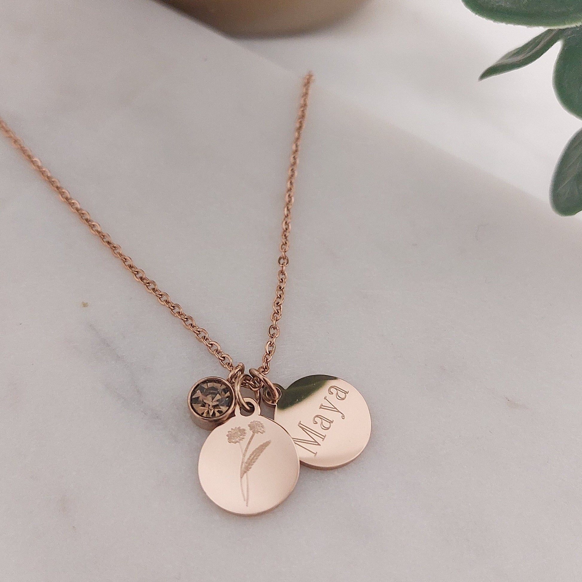 Personalisierte Geburtssteinkette in Gold,Silber,Rosé mit 12mm gravur Plättchen Anhänger,personalisiertes Geschenk,personalisierter Schmuck