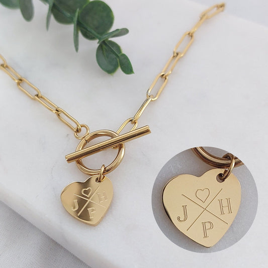 Grobe Gliederkette mit Knebelverschluss und personalisierten Herz Anhänger, Gravurschmuck, personalisiertes Weihnachtsgeschenk für Frauen
