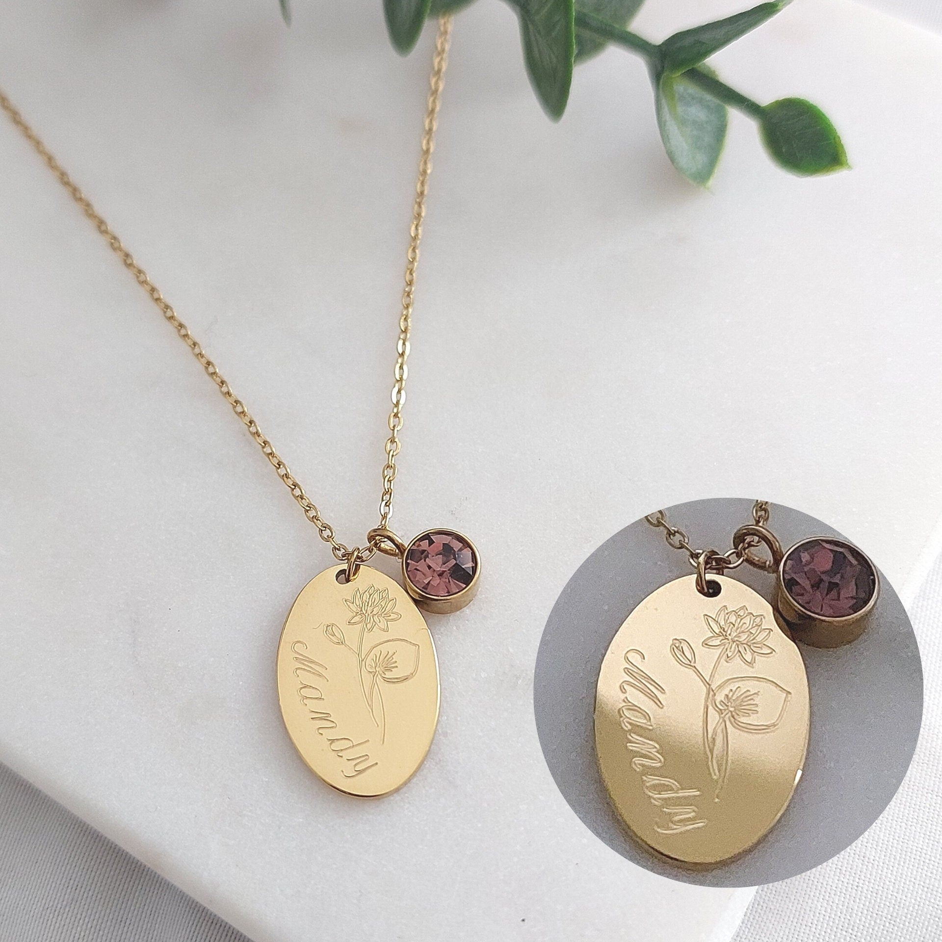 Kette aus Edelstahl mit ovalem Gravurplättchen und Geburtsstein-Anhänger