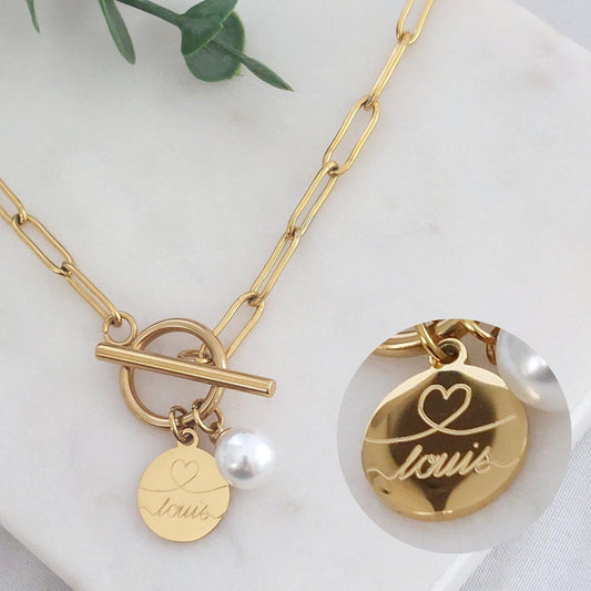 Grobe Gliederkette mit Knebelverschluss, Perle oder personalisiertem Plättchen in Gold oder Silber aus Edelstahl, Geschenk personalisiert