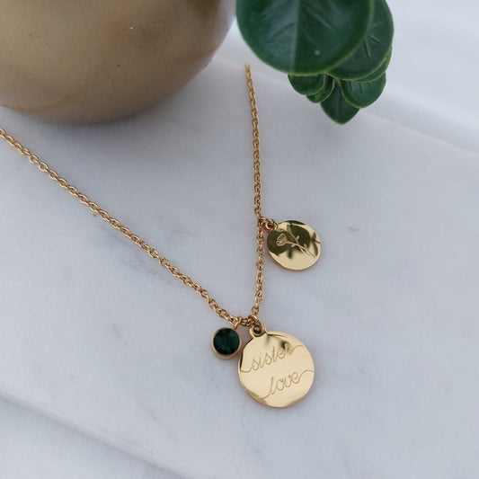 Personalisierte Geburtsstein Kette mit 15mm & 12mm Gravur Plättchen Anhänger in Gold, Silber, Rosé, personalisiertes Geschenk Frau, Freundin