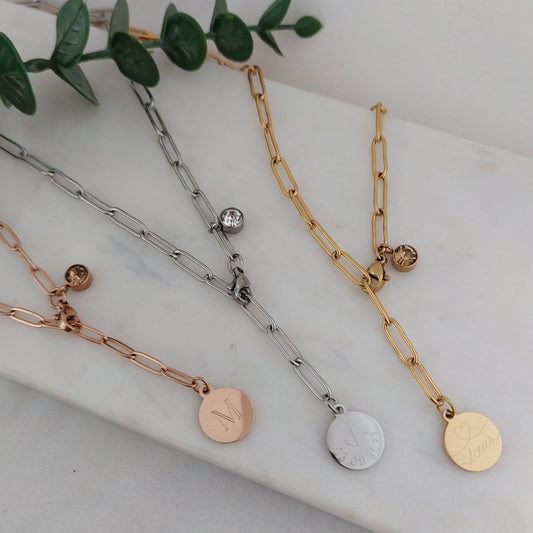 Personalisierte Halskette Gold, Silber, Rosé/Gravur Plättchen/Geburtsstein/Geburtsblumenkette/Namenskette/Buchstabenkette/Geschenk Frauen