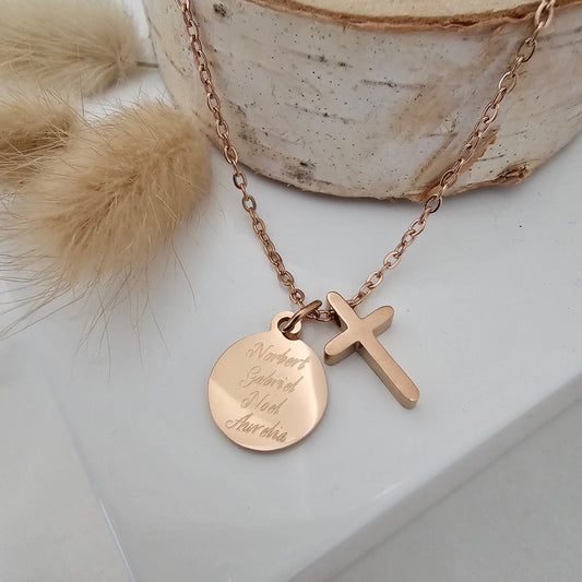 Personalisierte Kreuz Kette mit Gravur Plättchen Anhänger in Gold, Silber, Rosé aus Edelstahl, personalisiertes Geschenk Taufe, Konfirmation