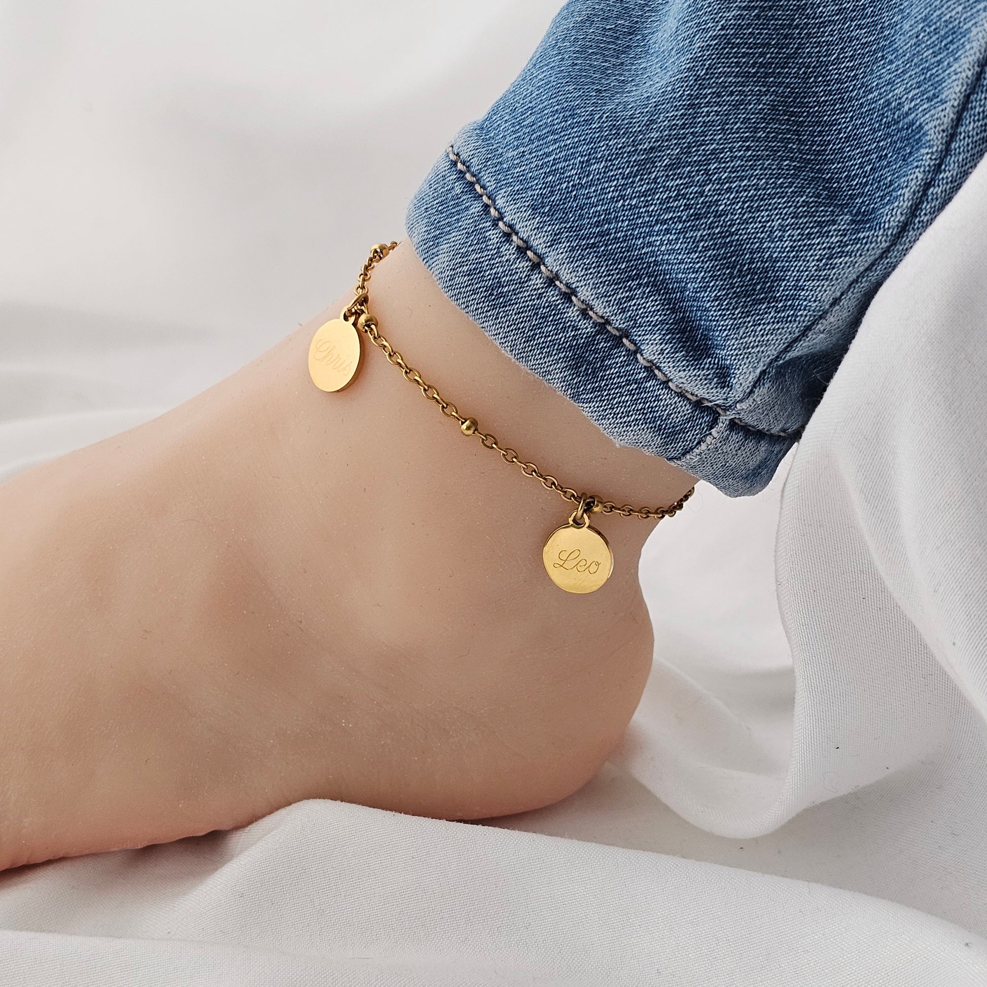 Fußkettchen mit gravur Anhänger in Gold,Rosé,Silber aus Edelstahl|Fußkette mit Kugelkette und Gravur Plättchen|personalisiertes Geschenk