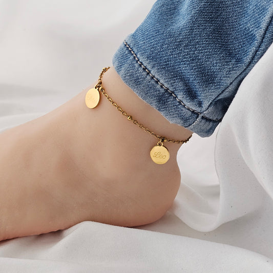 Fußkettchen mit gravur Anhänger in Gold,Rosé,Silber aus Edelstahl|Fußkette mit Kugelkette und Gravur Plättchen|personalisiertes Geschenk