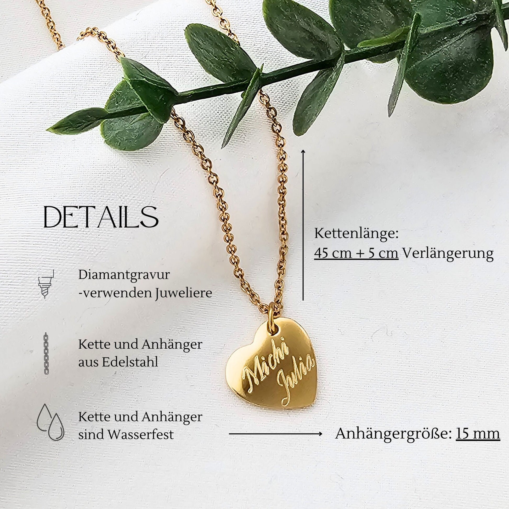 Personalisierte Herz Kette mit Gravur in Gold, Silber & Rosé, Kette mit Herz Anhänger personalisiert als Geschenk für Frauen