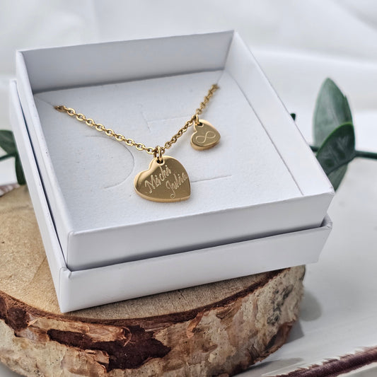 Personalisierte Herz Kette mit 15mm u. 10mm Gravur Anhänger in Gold,Silber,Rosé, Halskette mit Namen, Geschenk Mama, Weihnachtsgeschenk Frau
