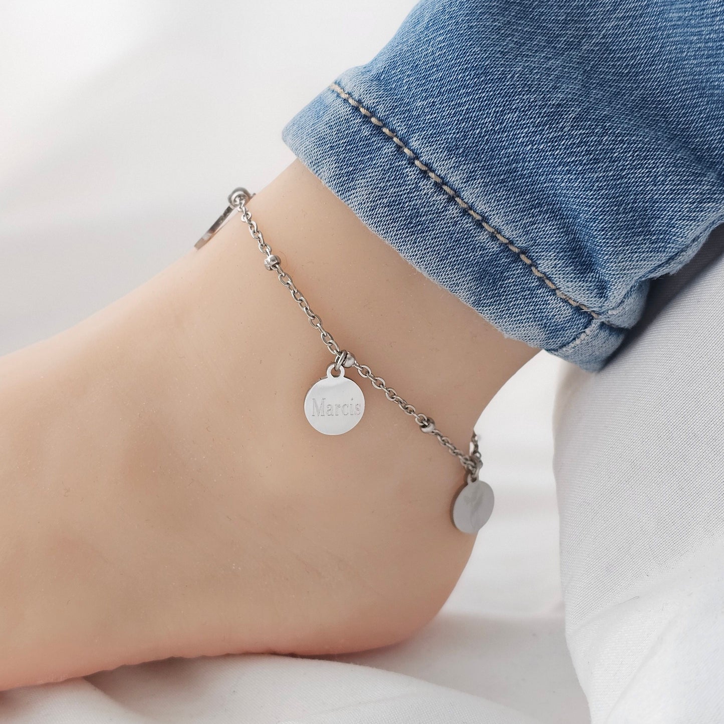 Fußkettchen mit gravur Anhänger in Gold,Rosé,Silber aus Edelstahl|Fußkette mit Kugelkette und Gravur Plättchen|personalisiertes Geschenk