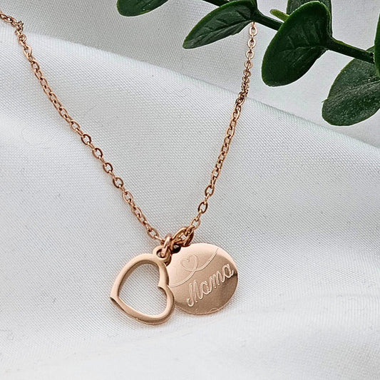 Personalisierte Herz Kette mit Namensgravur, personalisiertes Geschenk für Mama, Plättchenkette mit Herzanhänger und Gravur