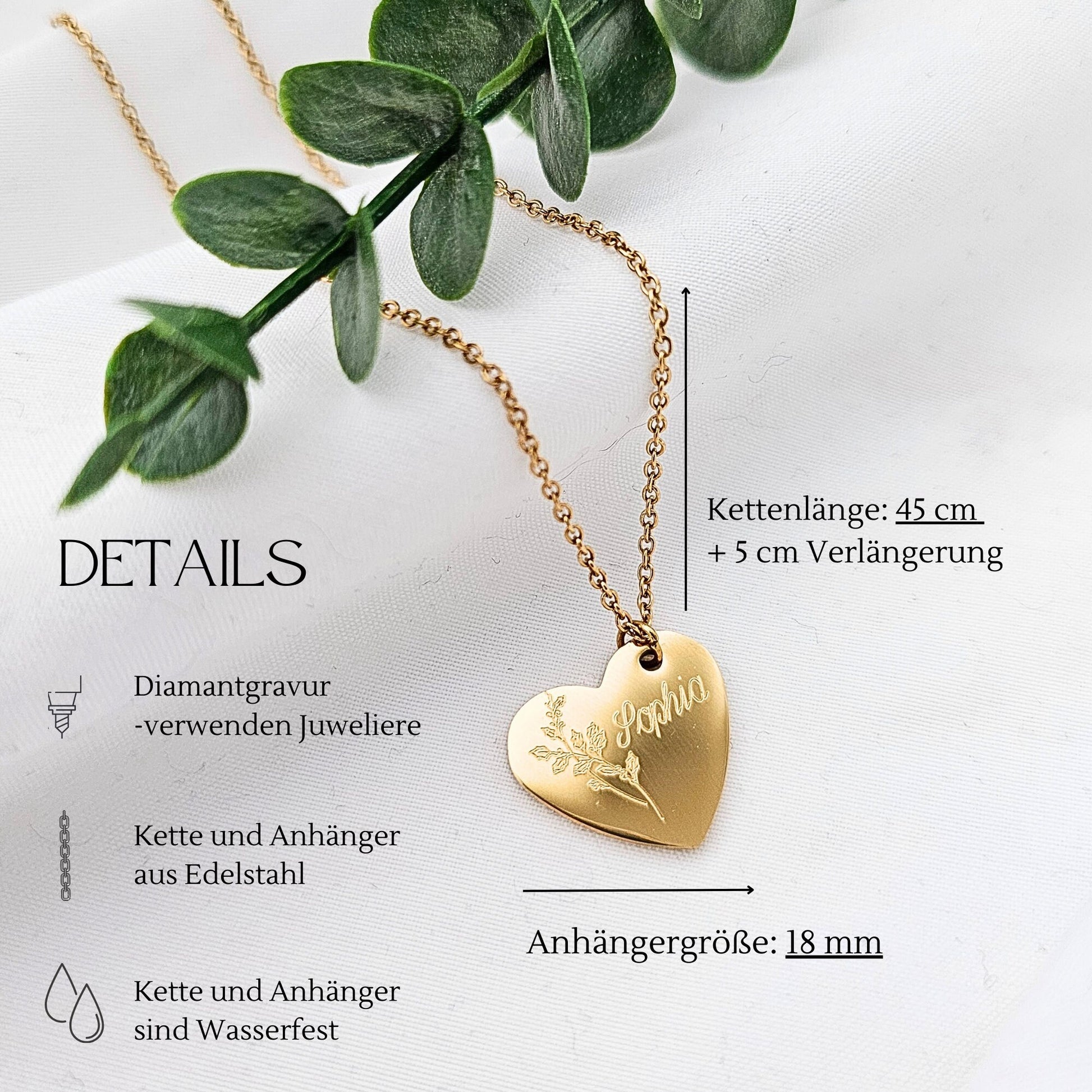 Personalisierte Herz Kette mit Gravur in Gold, Silber & Rosé, Kette mit Herz Anhänger personalisiert als Geschenk für Frauen