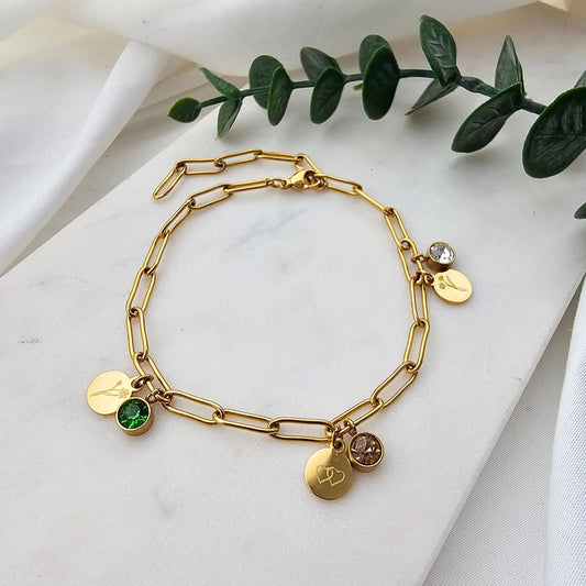Personalisiertes Armband mit Gravuranhängern und Geburtssteinen | Geburtssteinarmband aus Edelstahl | personalisierte Geschenke