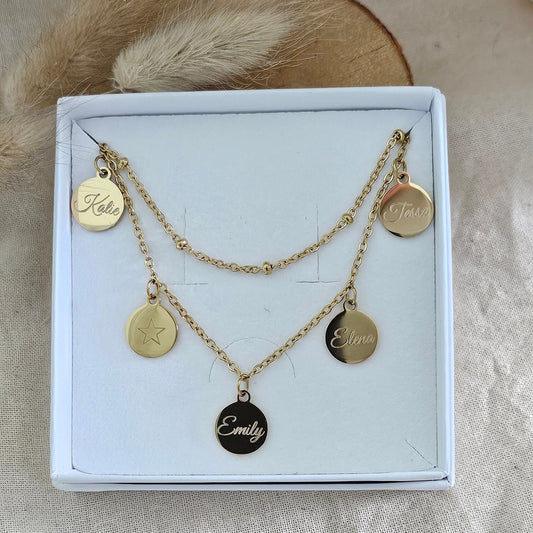 Mehrreihige, personalisierte 12 mm Plättchen Kette in Gold,Silber & Rosé aus Edelstahl, Personalisiertes Geschenk für Mama, Frauen, Freundin