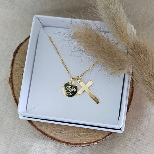 Personalisierte Kreuz Kette mit Gravur Plättchen Anhänger in Gold,Silber,Rosé aus 925 Sterling Silber,Geschenk Taufe, Konfirmation,Hochzeit