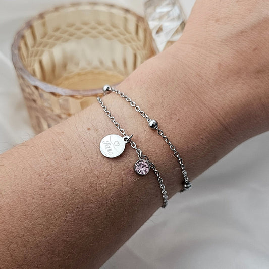 Mehrreihiges Armband mit Gravurplättchen und Geburtsstein, Kugelarmband aus Edelstahl in Silber oder Gold, personalisiertes Geschenk