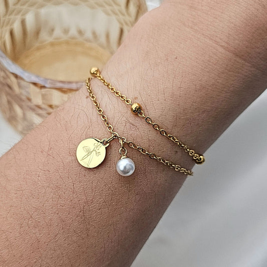 Mehrreihiges Armband mit Gravurplättchen & Perle, Kugelarmband aus Edelstahl in Silber o. Gold, Perlenarmband als personalisiertes Geschenk