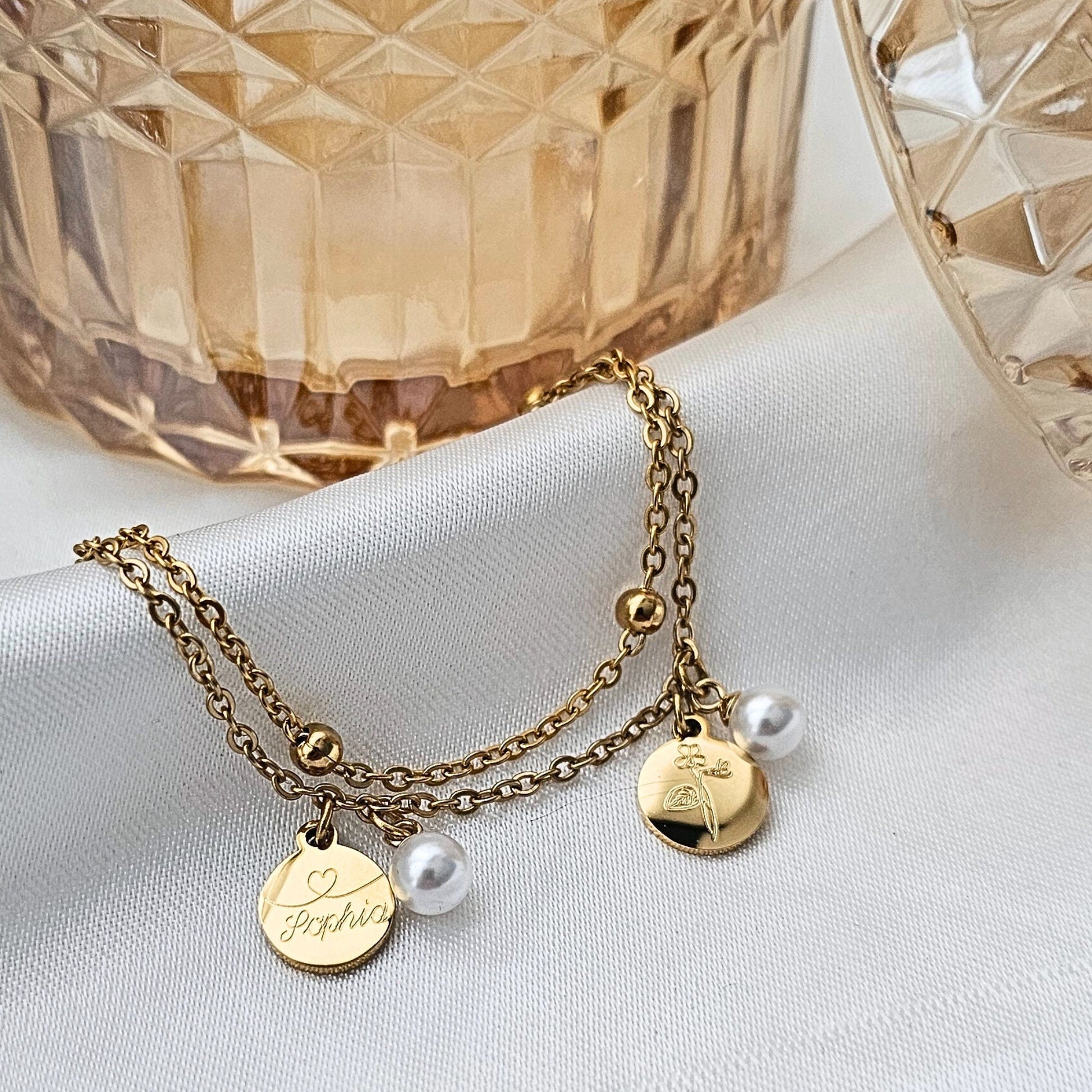 Mehrreihiges Armband mit Gravurplättchen & Perle, Kugelarmband aus Edelstahl in Silber o. Gold, Perlenarmband als personalisiertes Geschenk