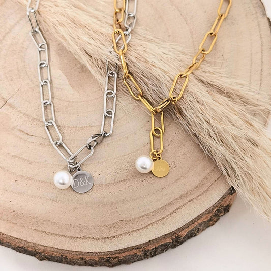 Grobe Gliederkette in Gold oder Silber aus Edelstahl mit einem Perlen Anhänger oder einem personalisierten Gravur Plättchen, Geschenk