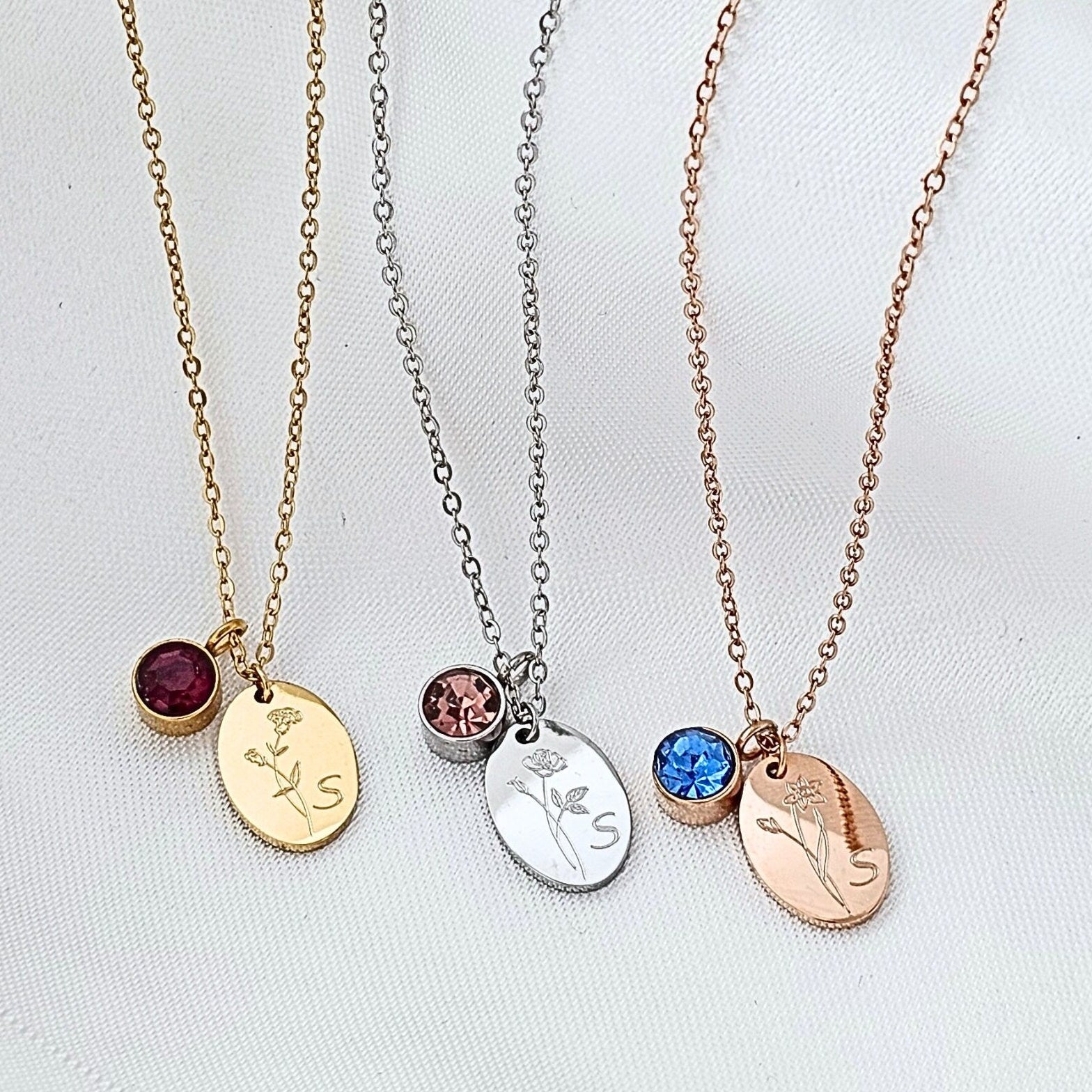Geburtsblumen Kette personalisiert mit Geburtsstein | Halskette mit Buchstaben Anhänger 13mm | Ketten mit Stein | personalisiertes Geschenk