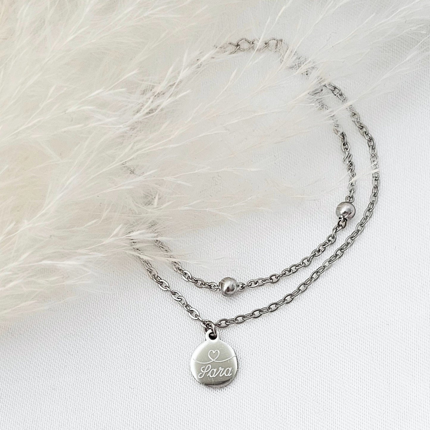 Doppelreihiges Kugel Fußkettchen mit Gravur Anhängern in 10mm