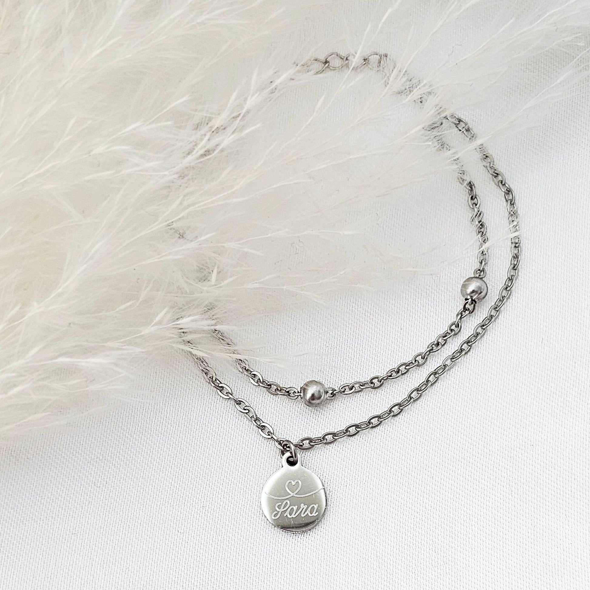 Doppelreihiges Kugel Fußkettchen mit Gravur Anhängern in 10mm