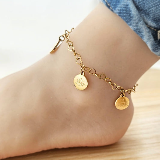 Herz Fußkettchen mit gravur Anhänger in Gold,Rosé oder Silber aus Edelstahl, Fußkette mit buchstaben Plättchen, personalisiertes Geschenk