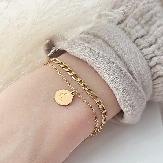 Mehrreihiges Armband personalisiert | Figaro Armband mit Gravurplättchen | Doppelreihiges Armband Edelstahl | personalisierte Geschenke