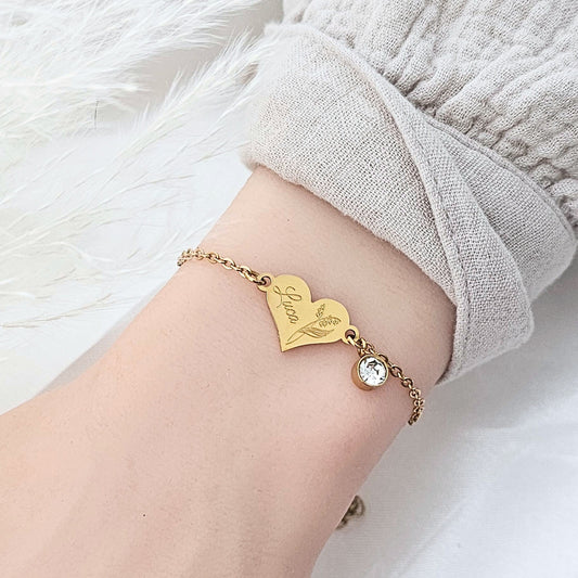 Herz Armband personalisiert mit Geburtsstein | Herzarmband mit Namen Silber,Gold,Rosé | Armkette mit Herz | personalisierte Geschenke
