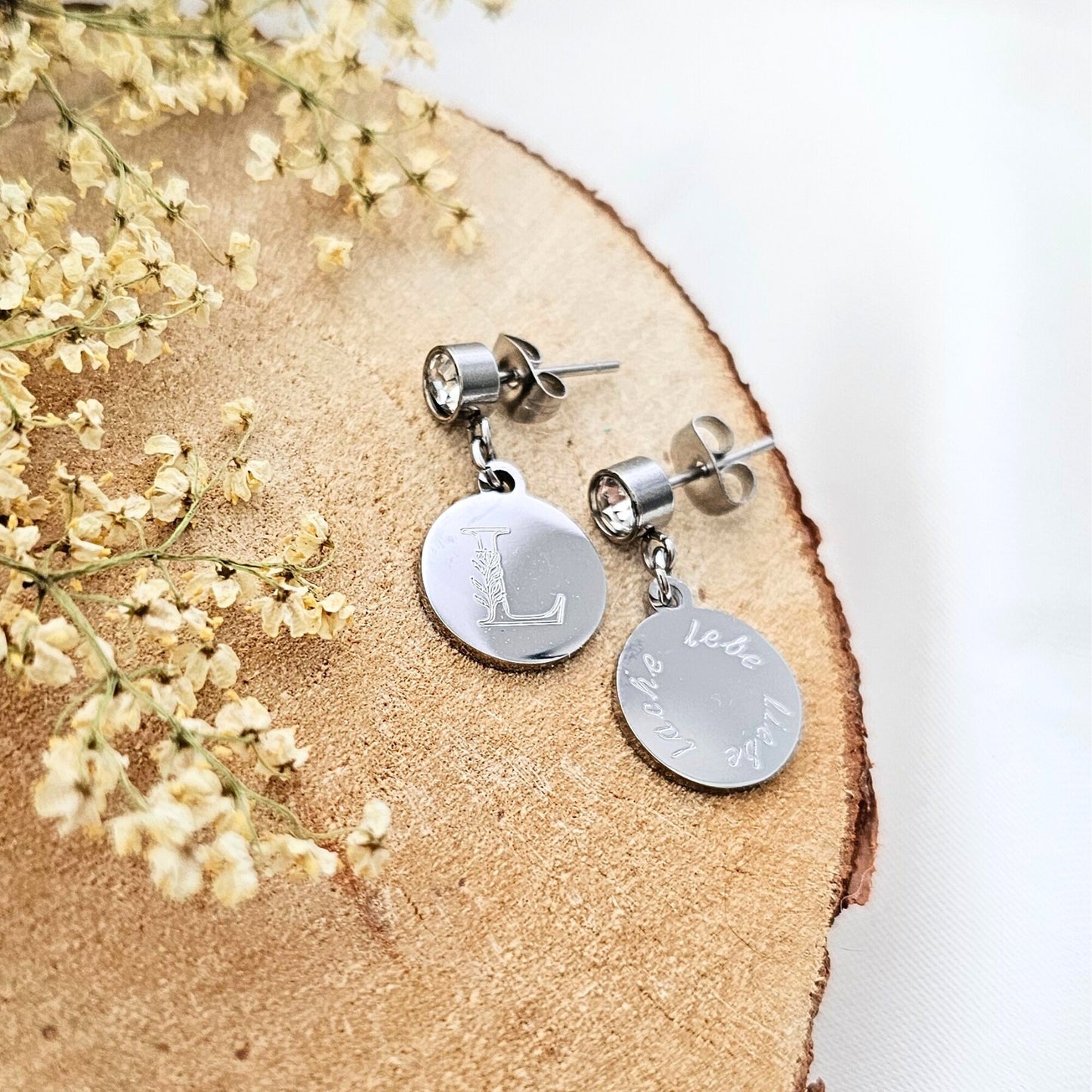 Zirkonia Ohrstecker personalisiert mit Gravur Plättchen Anhänger Gold, Silber | personalisierte Geschenke | Damen Schmuck | wasserfest