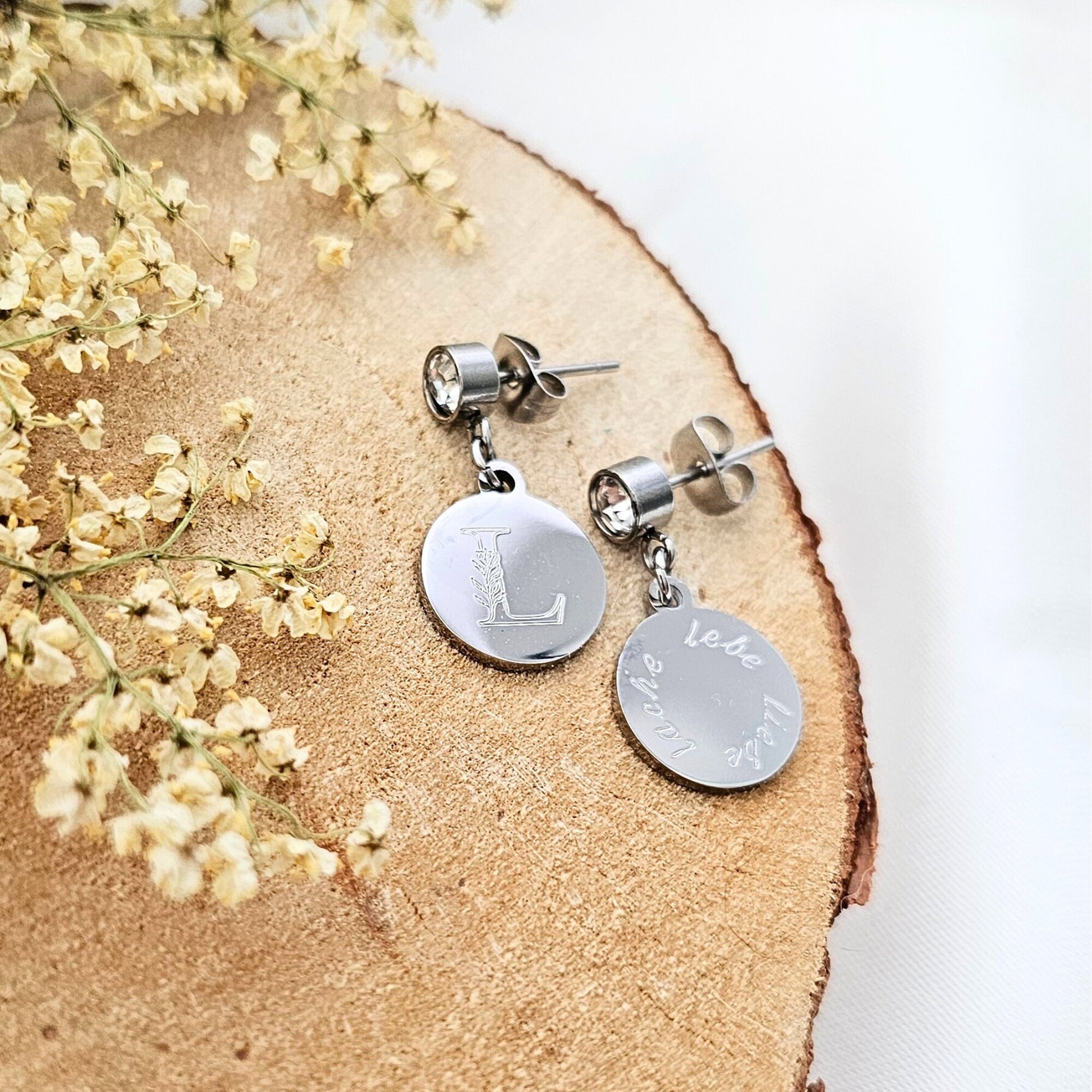 Zirkonia Ohrstecker personalisiert mit Gravur Plättchen Anhänger Gold, Silber | personalisierte Geschenke | Damen Schmuck | wasserfest
