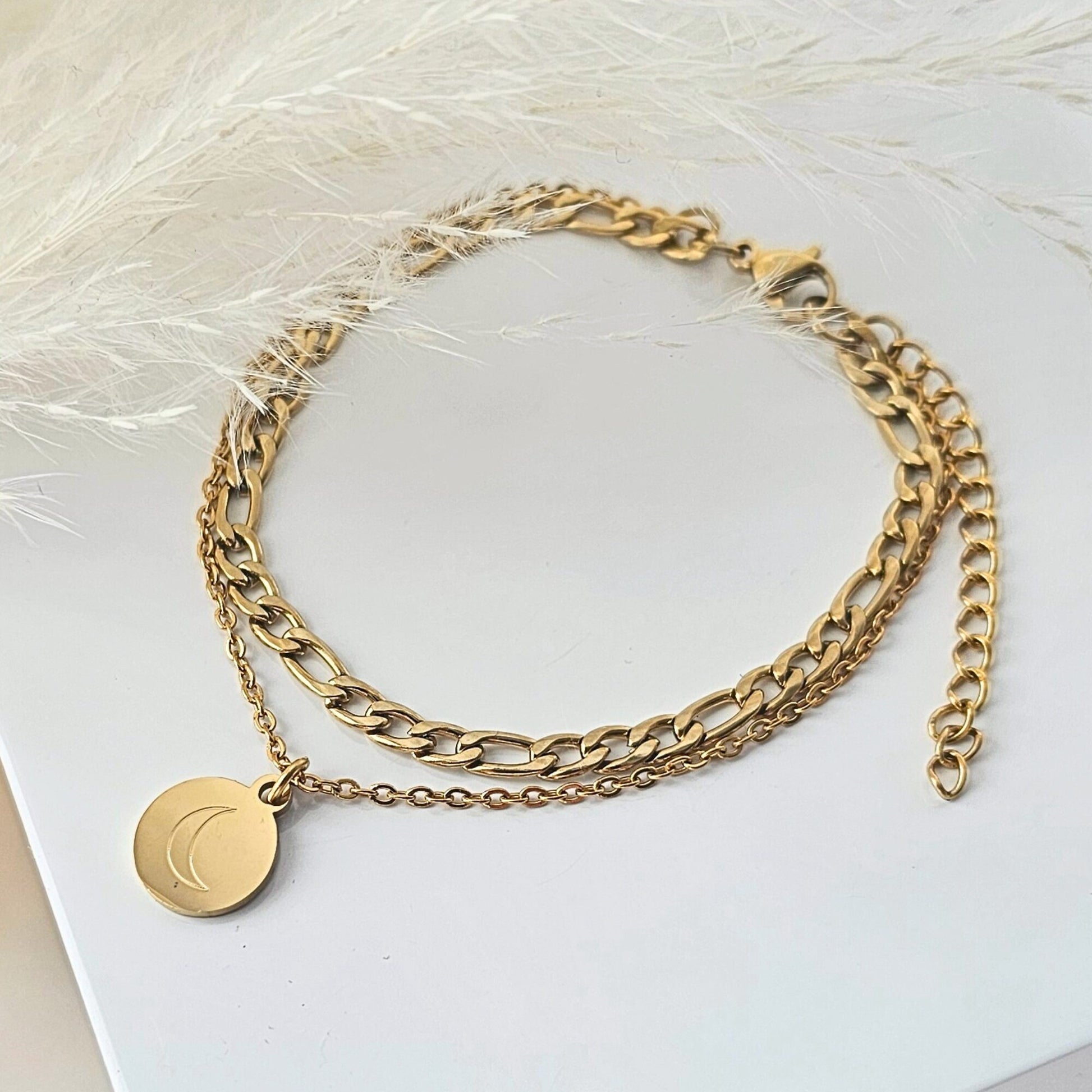 Mehrreihiges Armband personalisiert | Figaro Armband mit Gravurplättchen | Doppelreihiges Armband Edelstahl | personalisierte Geschenke