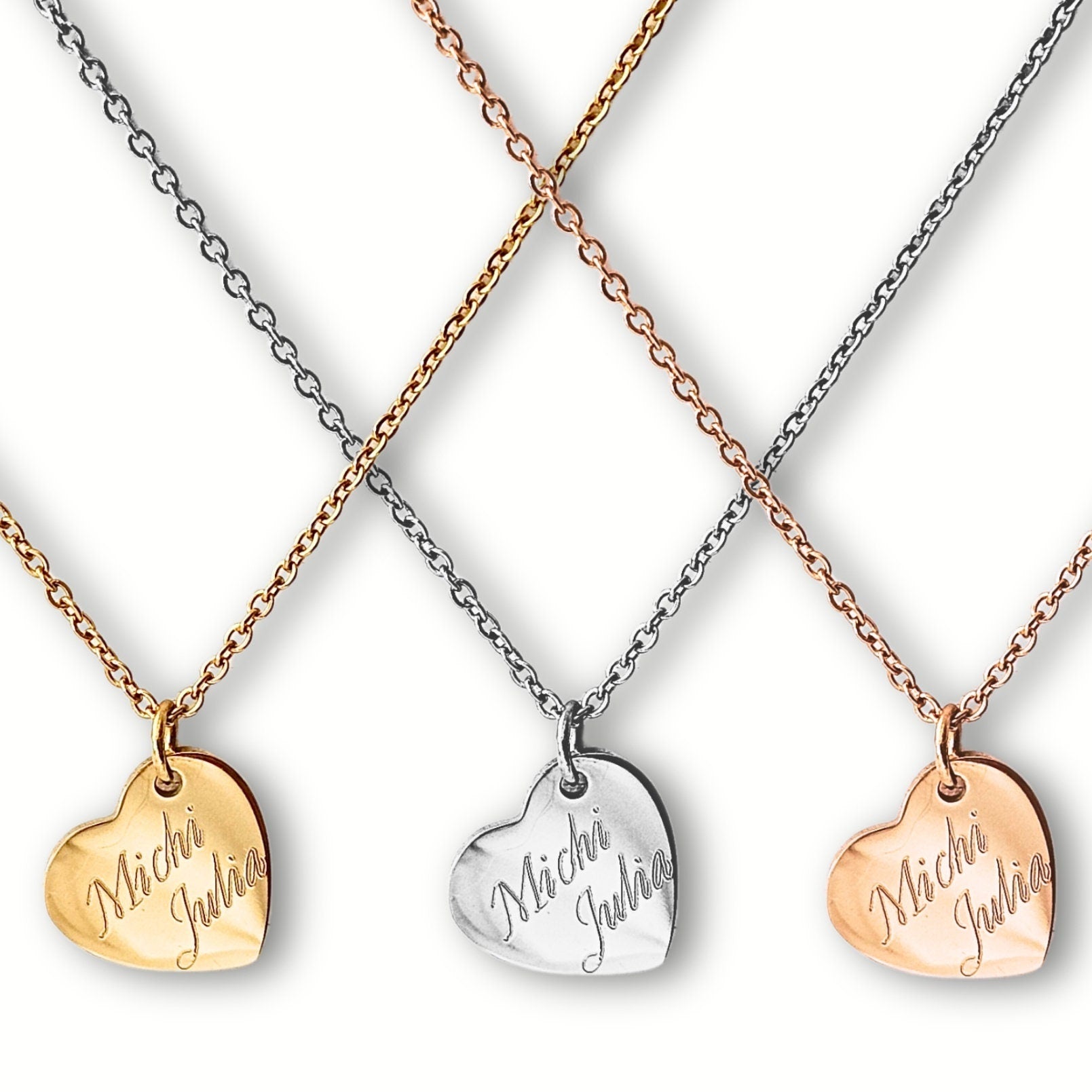 Personalisierte Herz Kette mit Gravur in Gold, Silber & Rosé, Kette mit Herz Anhänger personalisiert als Geschenk für Frauen
