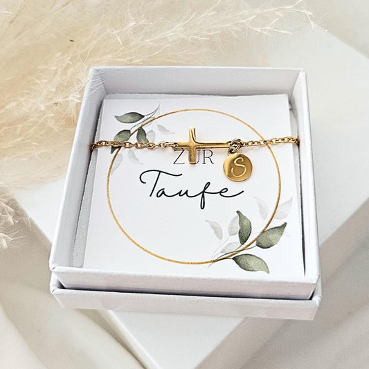 Personalisiertes Tauf Armband in Gold,Silber,Rosé|Armband mit Kreuz und Gravur Plättchen|Geschenk zur Kommunion|Geschenk Konfirmation