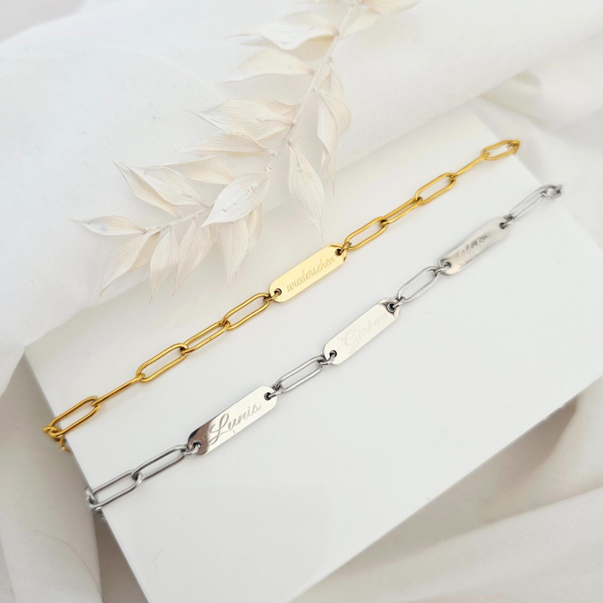 Chunky Armband personalisiert in Gold, Silber | Namens Armband mit Gravurplättchen | personalisiertes Geschenk