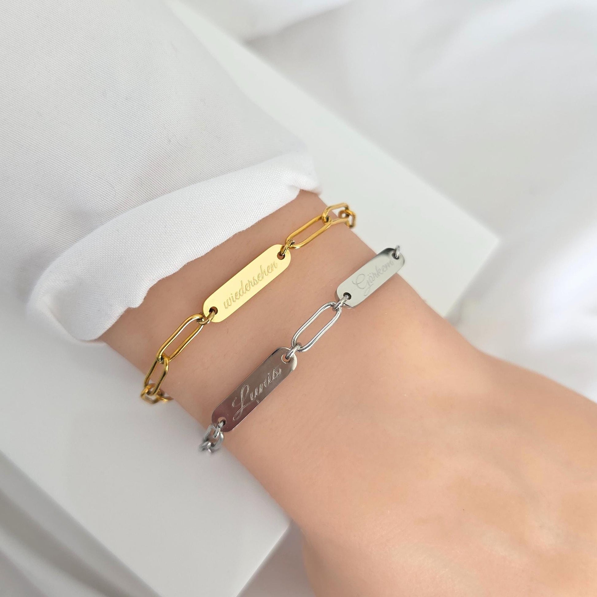 Chunky Armband personalisiert in Gold, Silber | Namens Armband mit Gravurplättchen | personalisiertes Geschenk