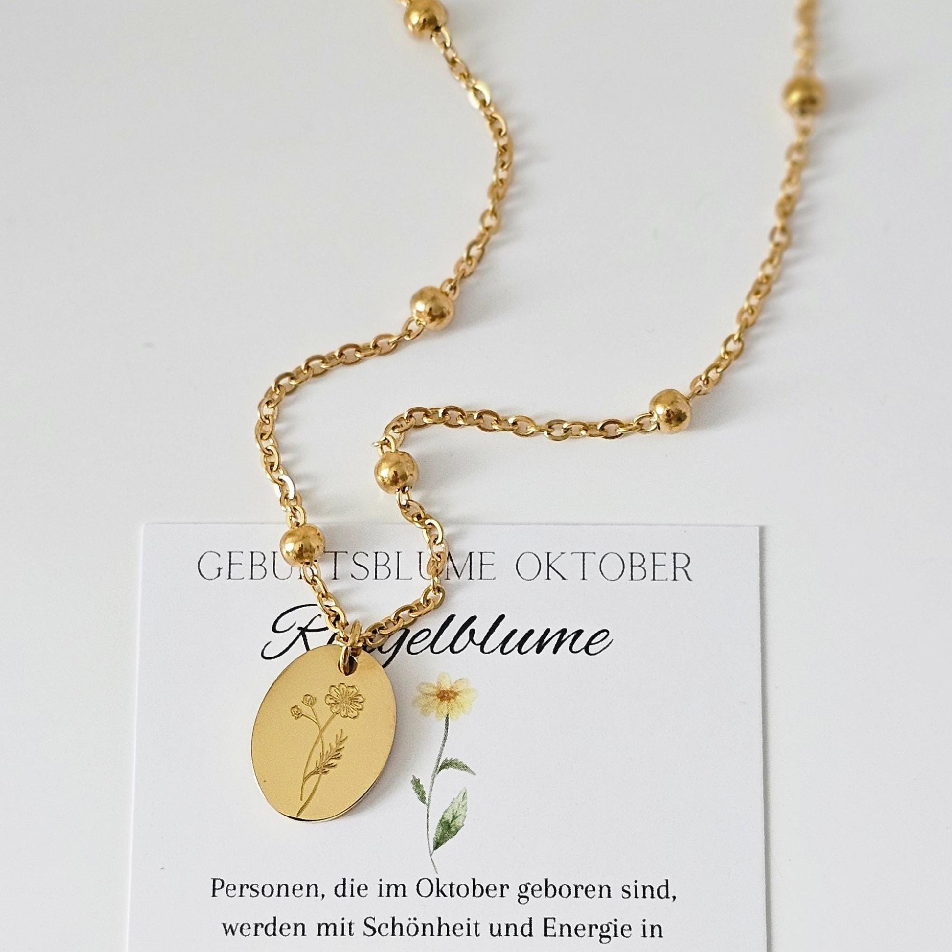 Personalisierte Geburtsblumen Kette – mit Gravur & Geburtsstein – Edelstahl oder vergoldet – Geschenkidee mit Bedeutungskarte