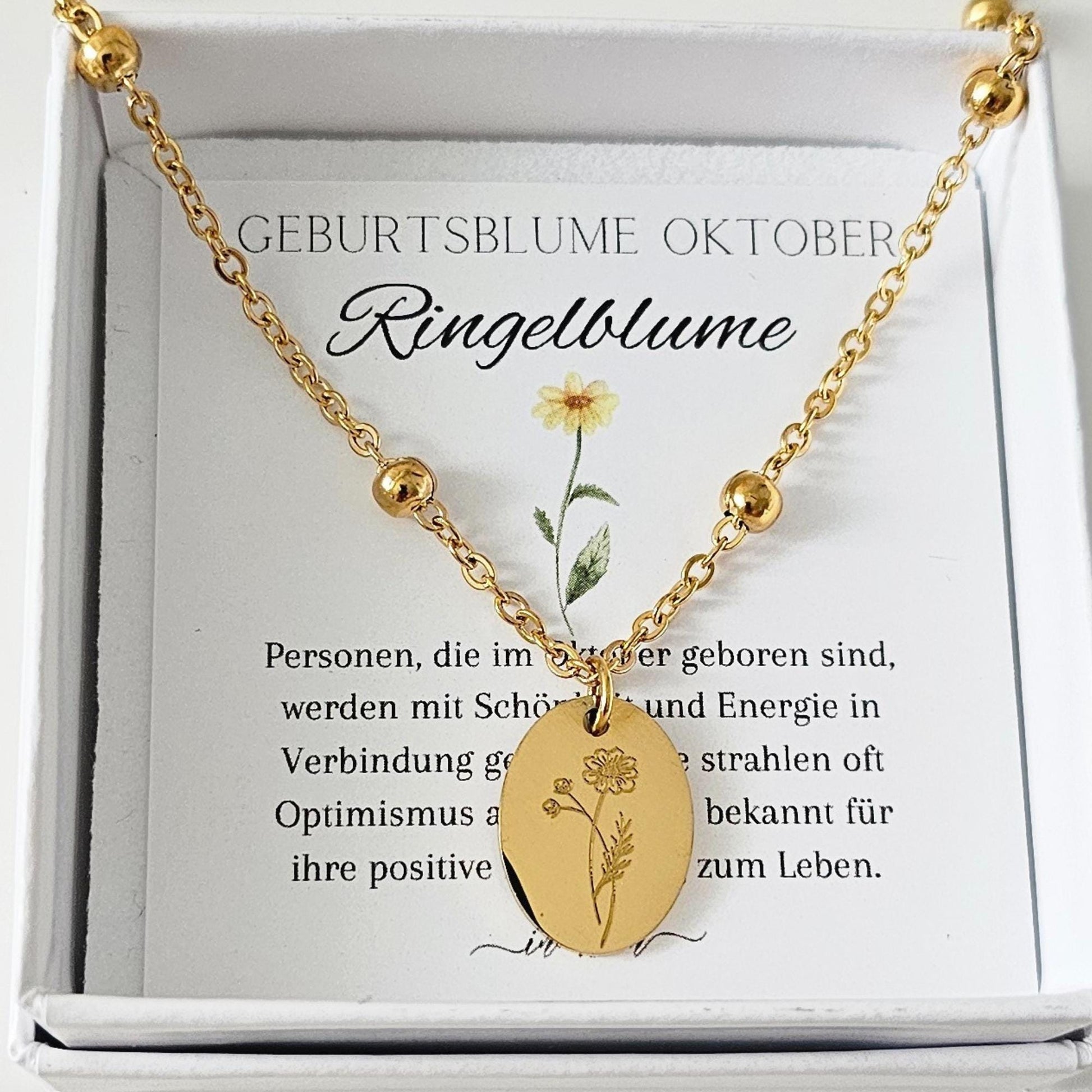 Personalisierte Geburtsblumen Kette – mit Gravur & Geburtsstein – Edelstahl oder vergoldet – Geschenkidee mit Bedeutungskarte