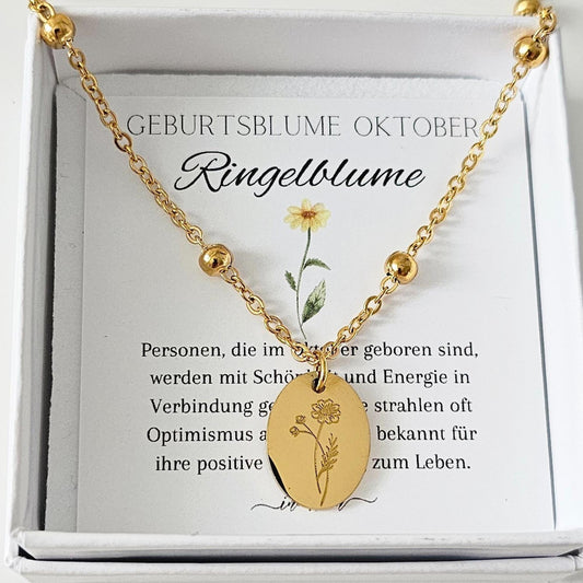 Personalisierte Geburtsblumen Kette – mit Gravur & Geburtsstein – Edelstahl oder vergoldet – Geschenkidee mit Bedeutungskarte