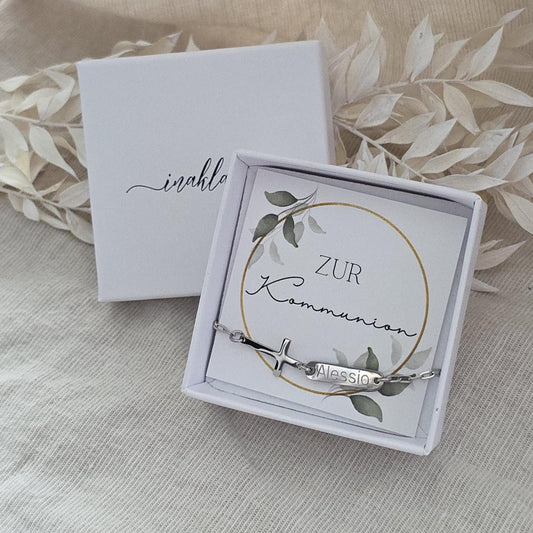 Personalisiertes Armband in Gold, Silber, Rosé | Armband mit Kreuz & Gravur Plättchen aus Edelstahl | Geschenk zur Kommunion | Konfirmation