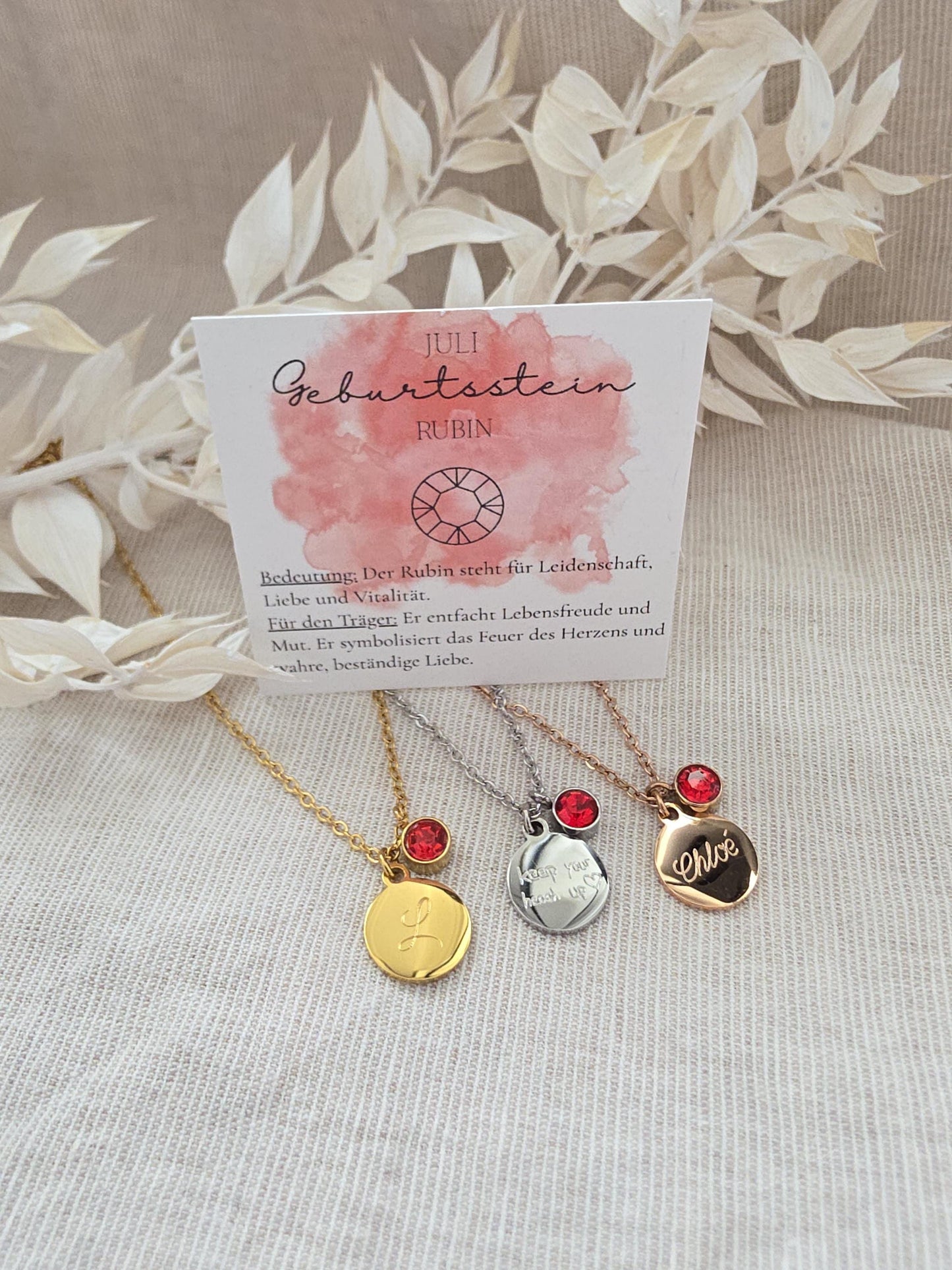 Geburtssteinkette Juli Rubin | wasserfeste Edelstahl Halskette in Gold,Silber,Rosé mit Geburtsstein Anhänger | Geschenk Frauen,Mädchen