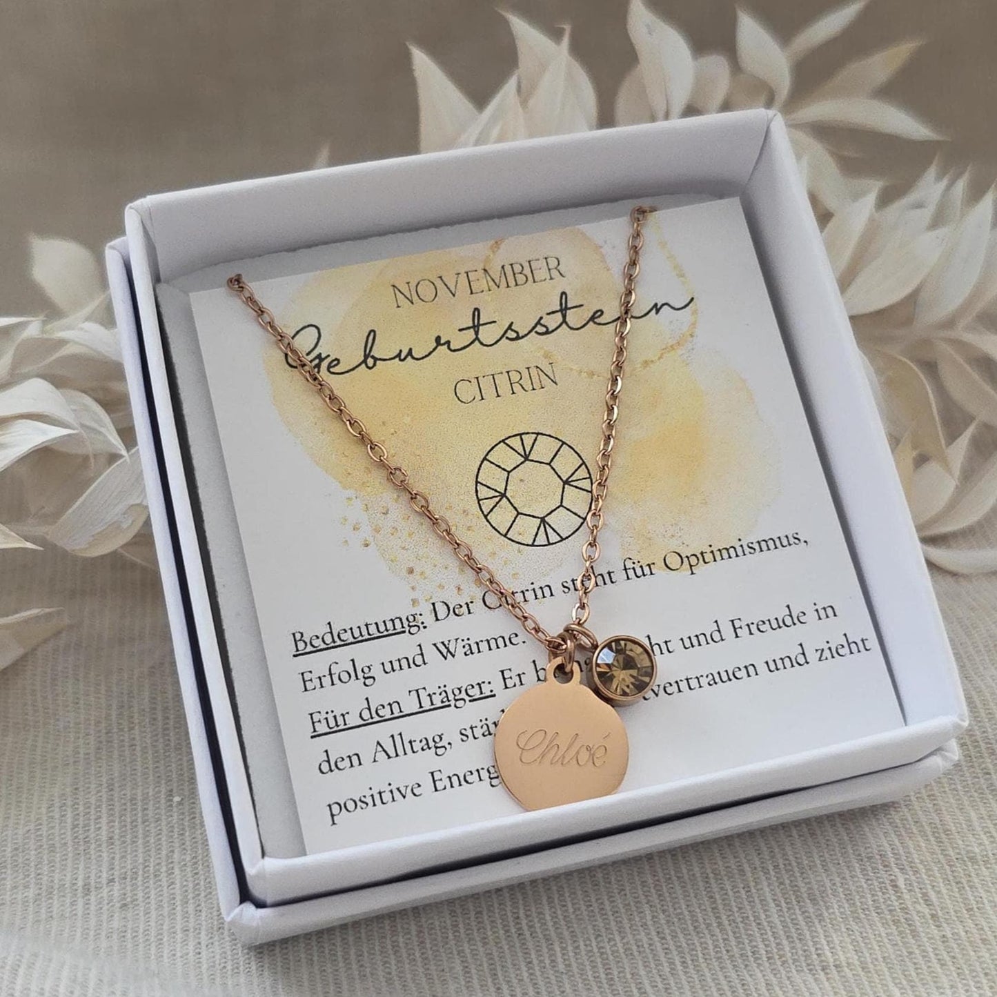 Geburtssteinkette November Citrin | wasserfeste Edelstahl Halskette Gold,Silber,Rosé mit Geburtsstein Anhänger | Geschenk Frau,Mädchen