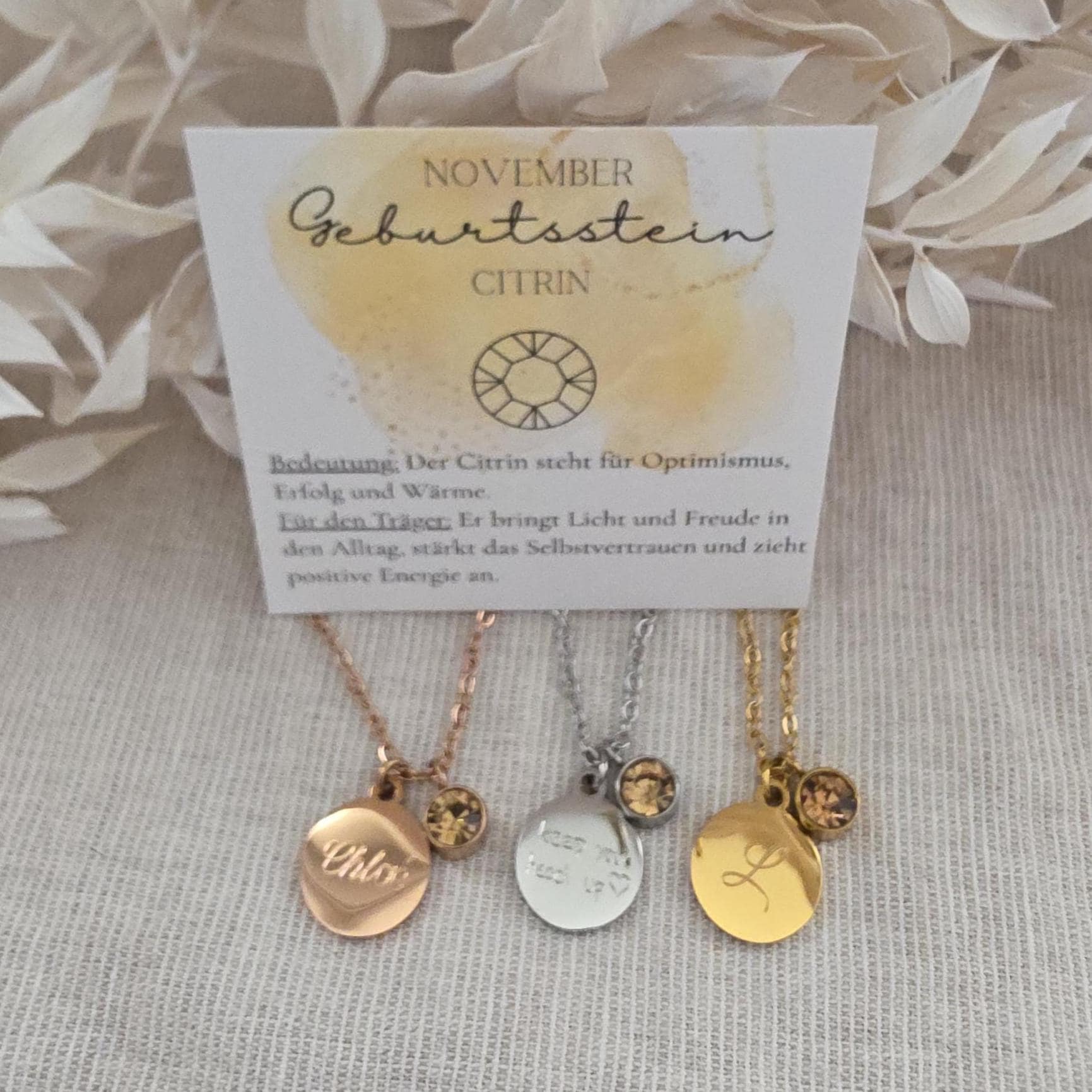 Geburtssteinkette November Citrin | wasserfeste Edelstahl Halskette Gold,Silber,Rosé mit Geburtsstein Anhänger | Geschenk Frau,Mädchen