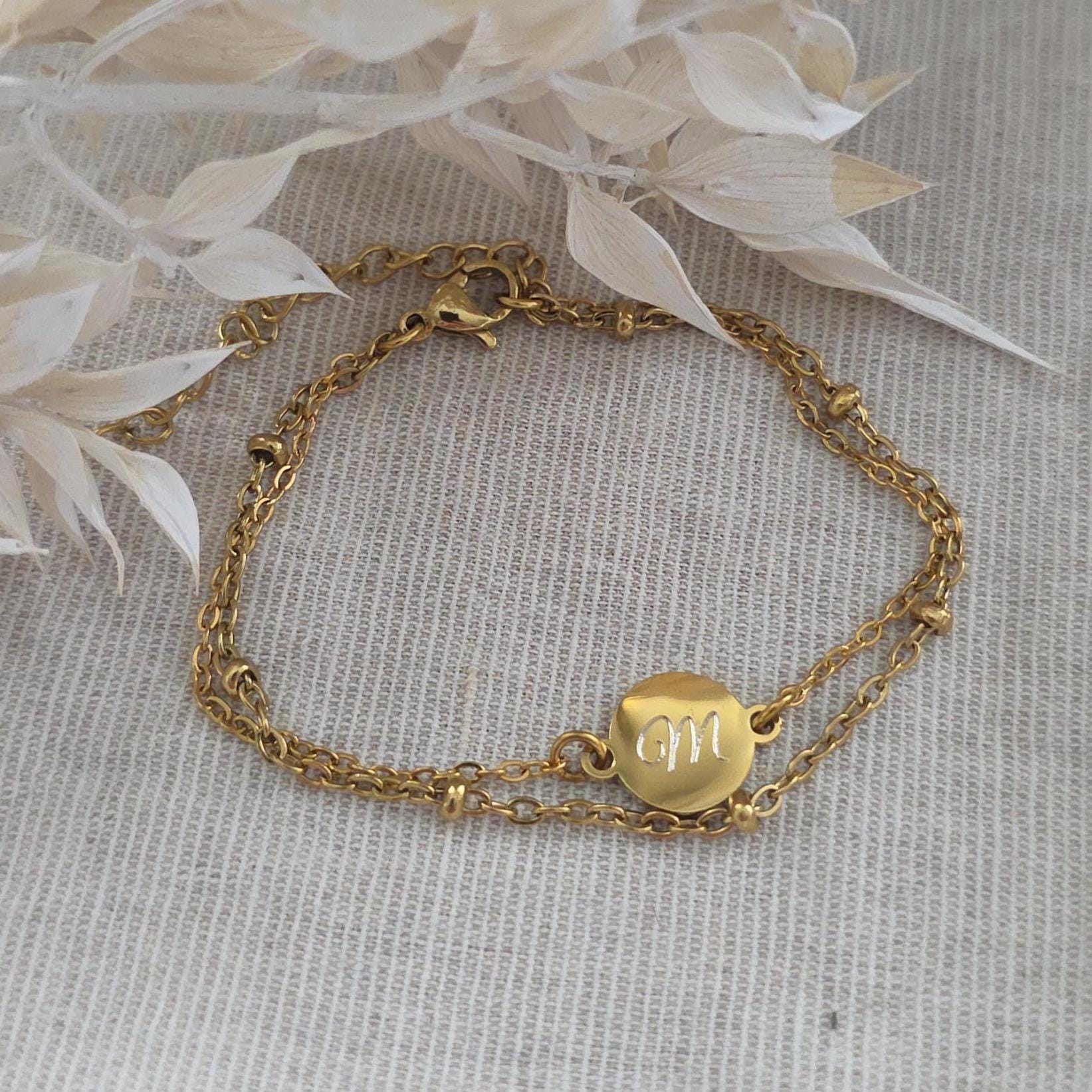 Damen Armband doppelreihig mit Gravur Anhänger - Edelstahl Silber,Gold - personalisiertes Weihnachtsgeschenk für Mama, Freundin, Frauen, Oma