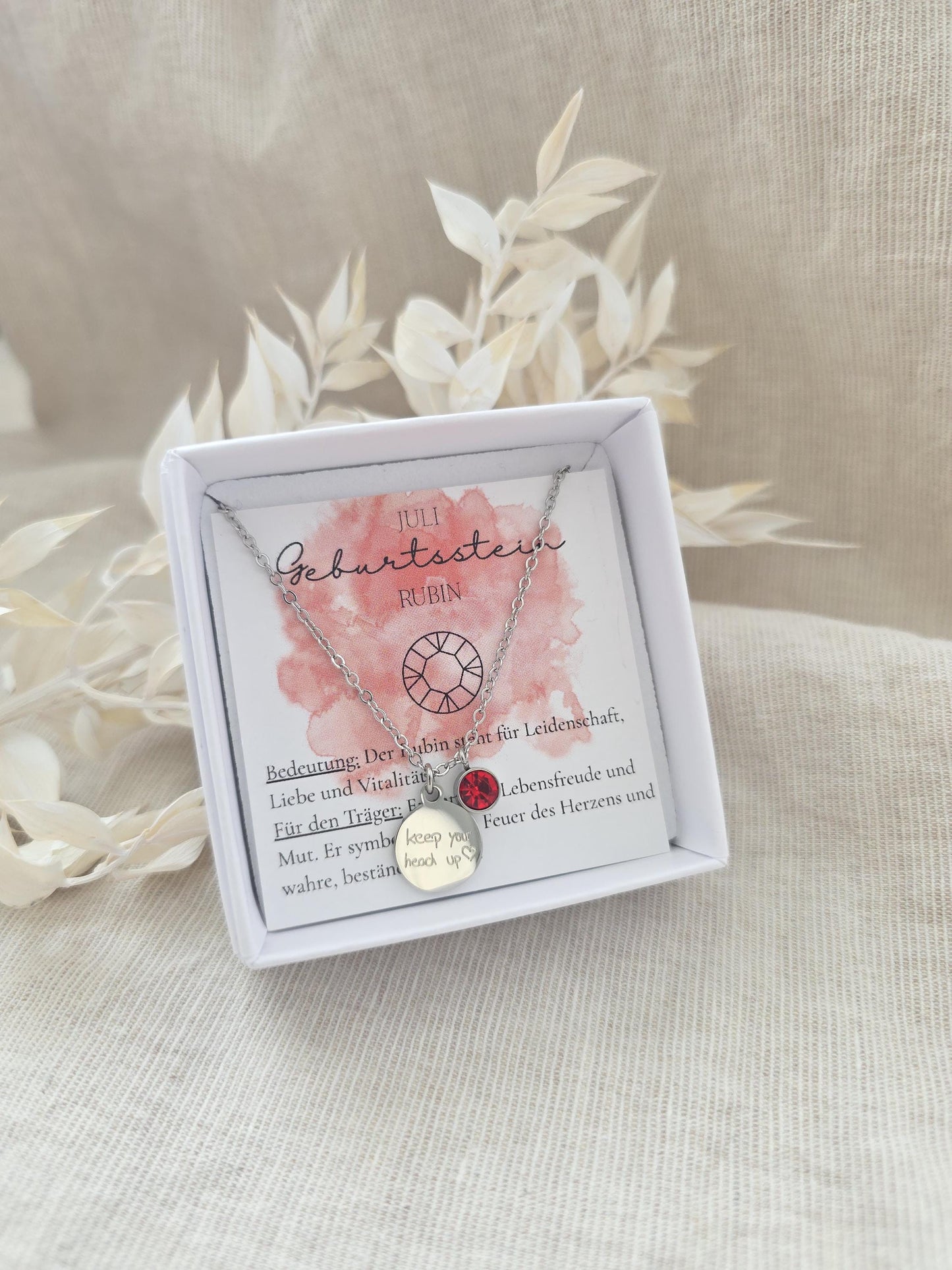 Geburtssteinkette Juli Rubin | wasserfeste Edelstahl Halskette in Gold,Silber,Rosé mit Geburtsstein Anhänger | Geschenk Frauen,Mädchen